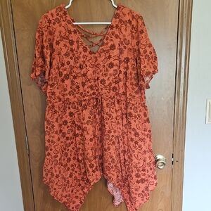 Torrid Flutter Sleeve Asymmetrical Tunic in Pink and Orange